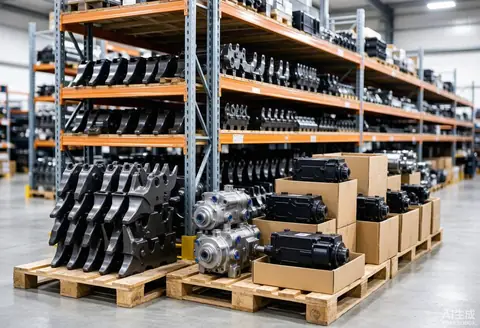 Excavator parts warehouse — hydraulic pumps, bucket teeth and swing motors in stock